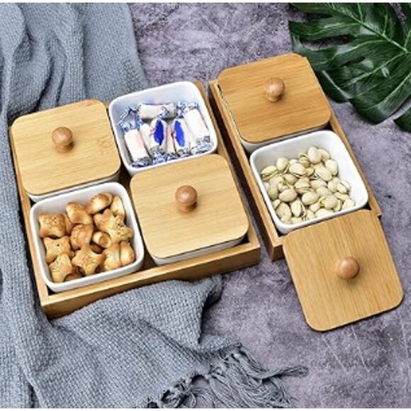 Unopened/Sealed Ceramic Divided Serving Dishes with Lids and Bamboo Tray- White - Picture 3 of 6